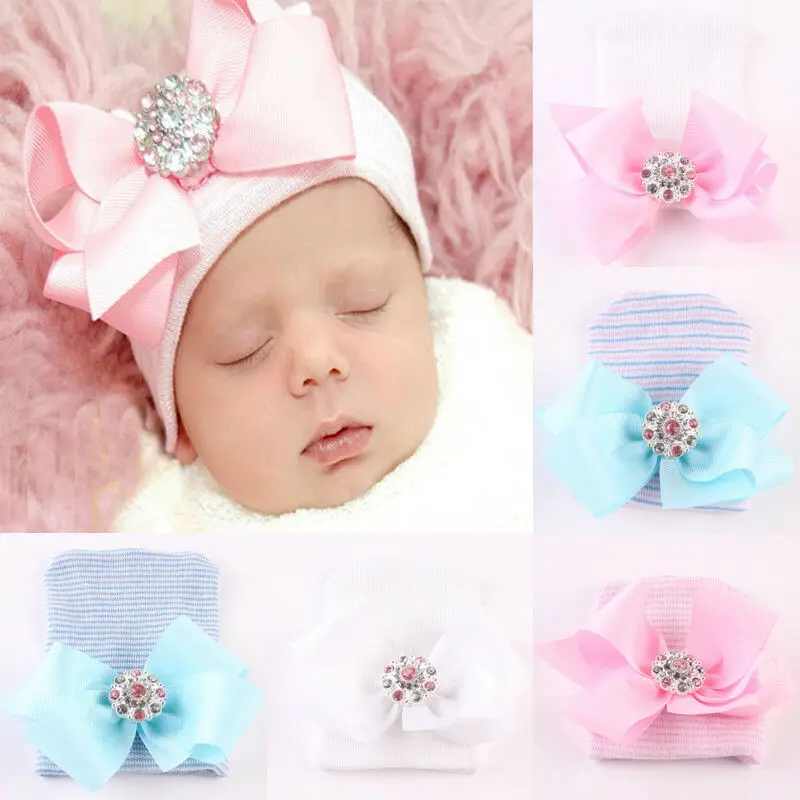 

Newborn baby hat Toddler Baby Warm Hat Striped Caps Soft Hospital Girls Hats Bow Beanies for Newborn 0-3M Send Earring as gift