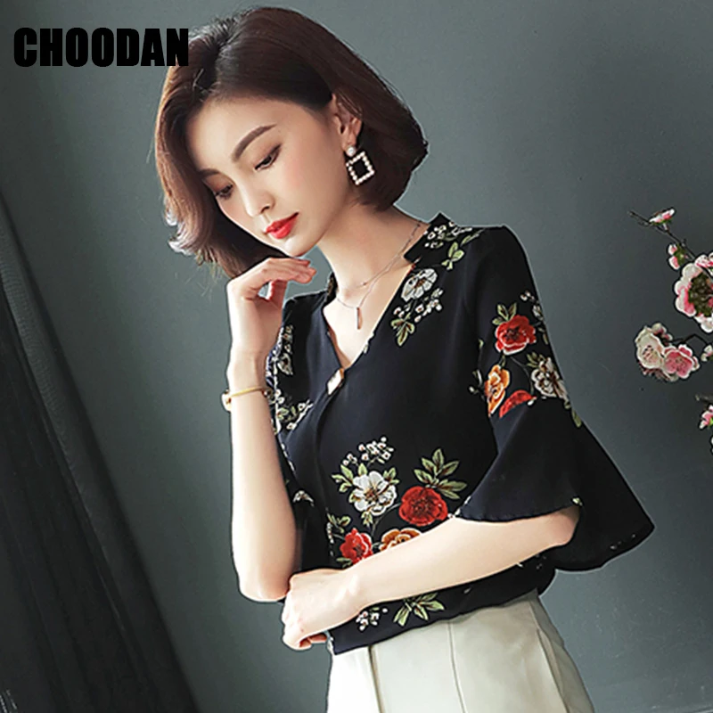 Black Blouse Women V neck Flare Sleeve Shirt Flower Printed Short Chiffon Summer Tops 2018 Female Korean Fashion Clothing |