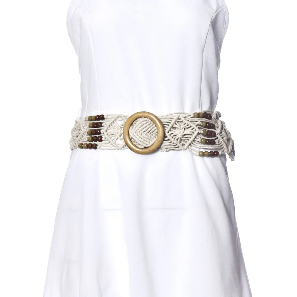 Women belts Wax rope wooden bead Rope Hollow woven rope hand beaded belt female Braided Waist