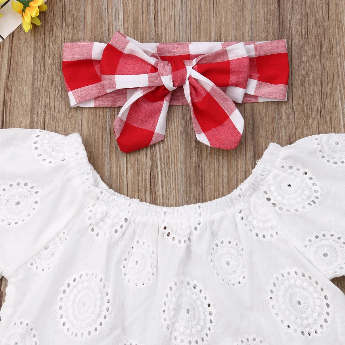 best Baby Clothing Set 0-24M 3pcs Baby Girls Clothes Set Solid White Off Shoulder Shirt Tops Red Plaid Skirts Girls Hairband Kids Set Baby Girl Outfits Baby Clothing Set luxury