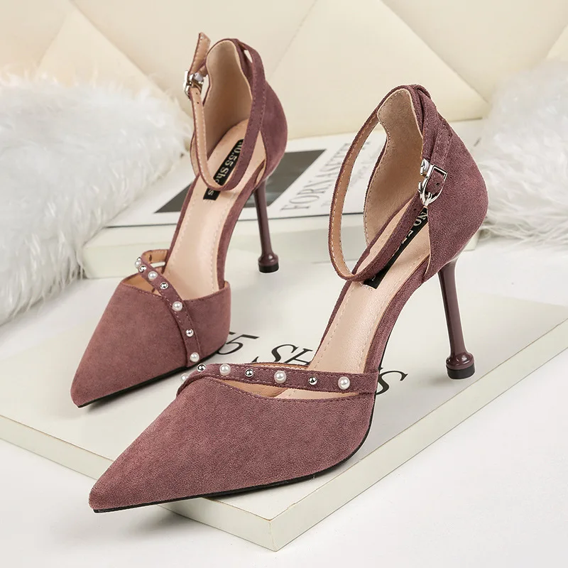 

Fashion Pointed Toe Pearl Kitten Heel Sandals Women Shoes Spring Summer 2019 High Heels Sandals Ladies Sexy Party Shoe Purple
