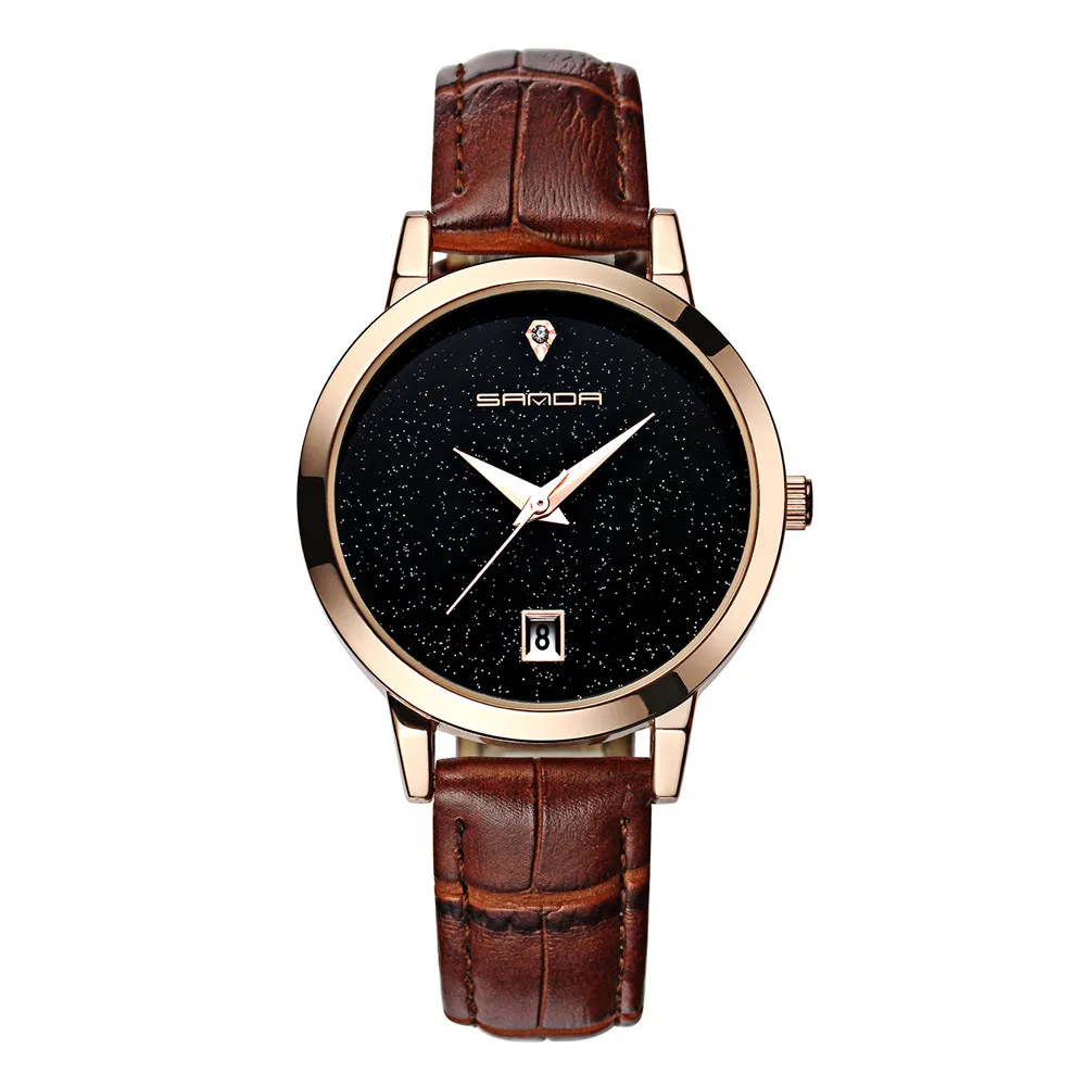 2018SANDA модные часы со звездным циферблатом Роскошные модные часы с кожаным ремешком аналоговые кварцевые круглые наручные часы женские часы-браслет - Цвет: Коричневый