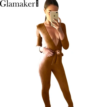 Glamaker Deep v neck suede belt bodycon jumpsuit romper Autumn fitness brown party women jumpsuit 2016 Casual fashion overalls