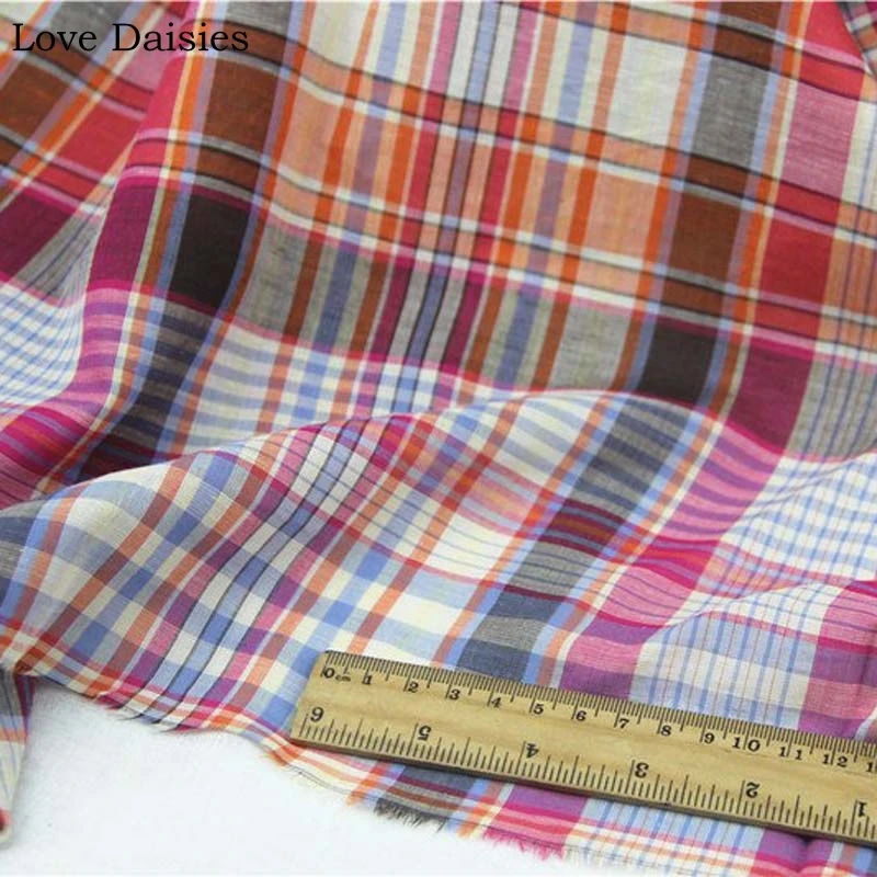 Cotton Yarn Dyed ORANGE ROSE RED Big Check Thin Textile Fabrics for DIY Summer Handwork Apparel Clothes Shirt Dress Tissue