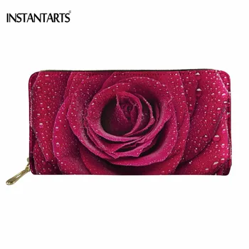 

INSTANTARTS Pretty Red Flower Rose Printed Women Long PU Leather Wallet Fashion Credit Card Storage Bags Money Cash Zipper Purse