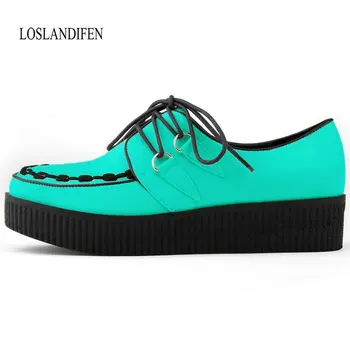 

LOSLANDIFEN Brand Women Shoes Candy Colors Platform Women Flats British Style Creepers Cut-Outs Casual Flat Shoes Woman size 42