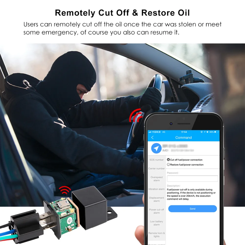 Rastreador de vehículos relé GPS rastreador cortado combustible diseño oculto coche GPS localizador Google Maps seguimiento en tiempo real alarma de choque gratis APP