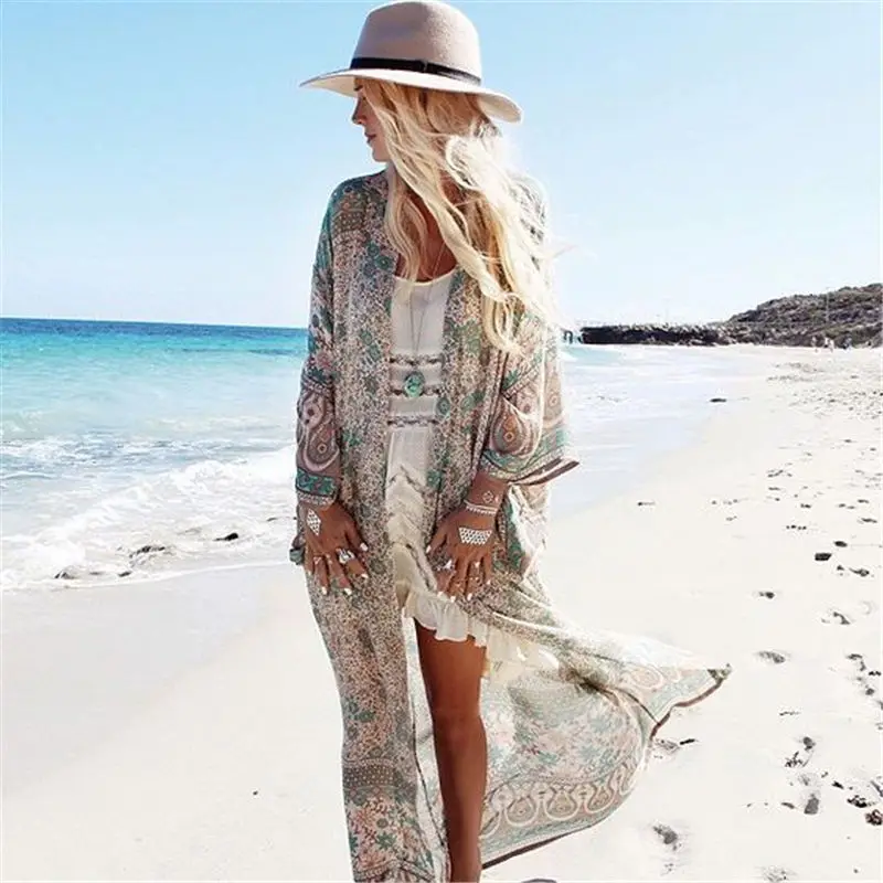 Bohemian Printed Ankle Length Beach Cover Up Plus Size Women Summer Beachwear Chiffon Bathing Suit Coverup Kimono Cardigan N23