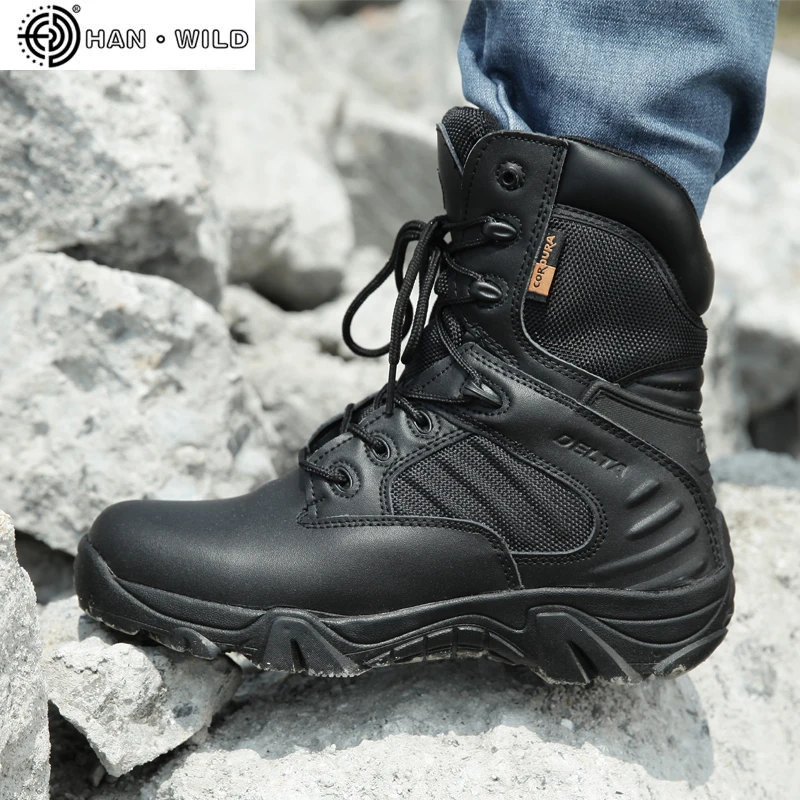 Men's Work Shoes Genuine Leather Waterproof Lace Up Tactical Boot Fashion Motorcycle Men Combat Ankle Military Army Boots