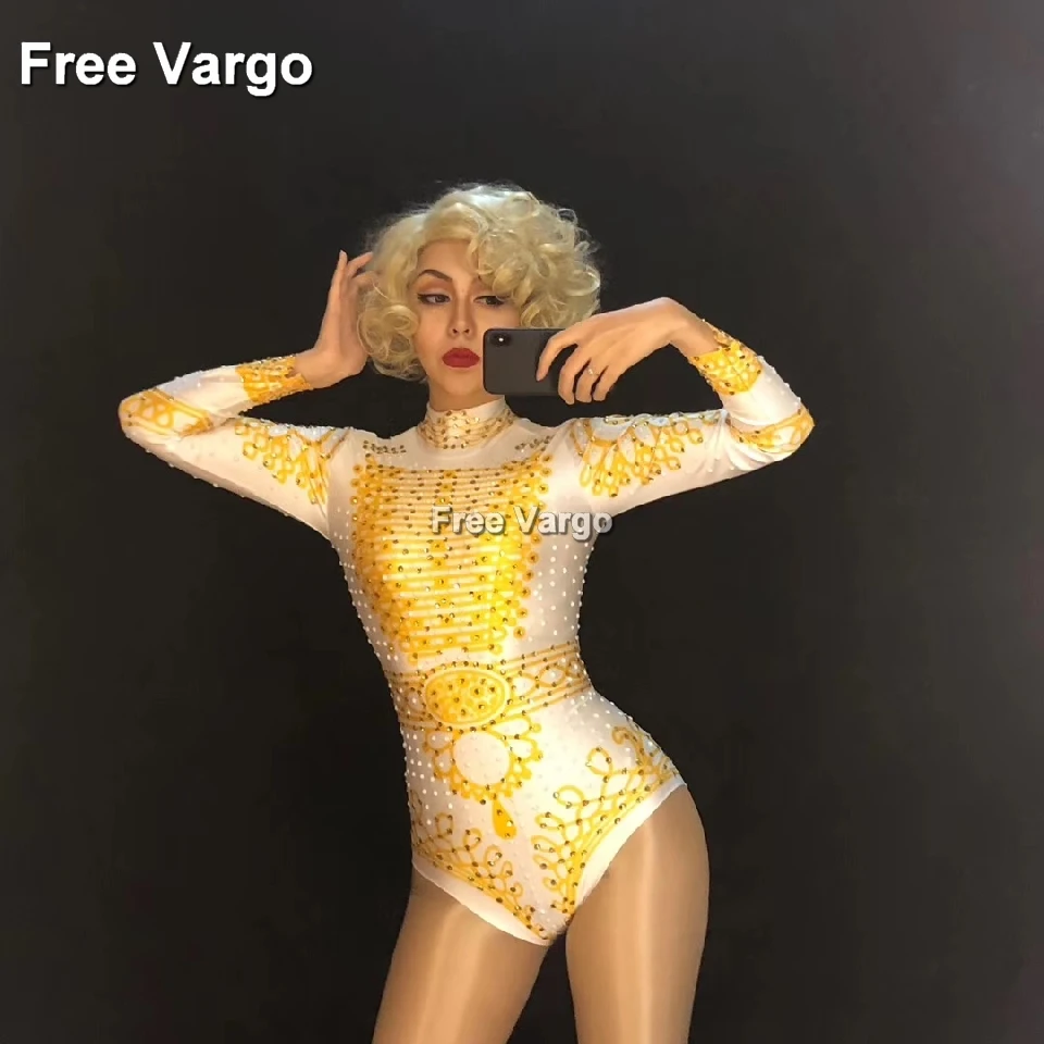 Hologram Yellow Rhinestones Jumpsuit Cosplay Drag Queen Costumes Burning Man Women Party Dance Showgirl Singer Outfit Bodysuit