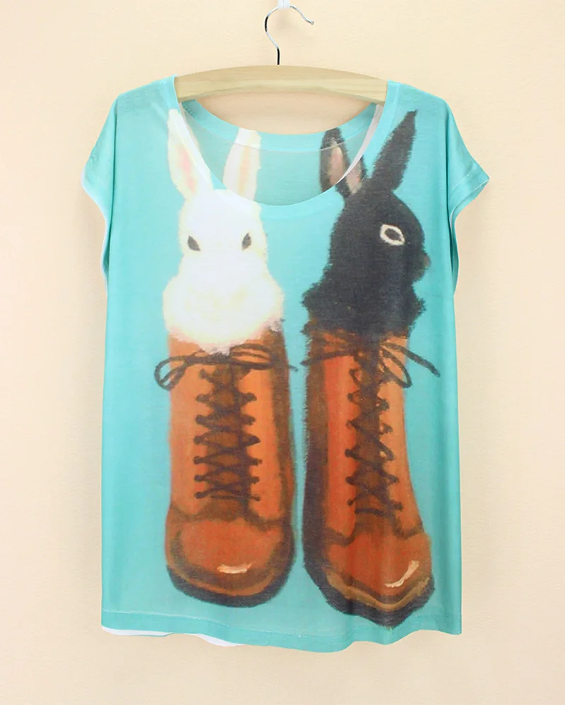 

black white rabbit tshirt women bunny in old boot green female shirt 2015 new design 3D print cute camisetas mujer
