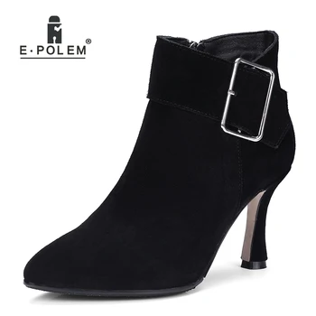 

Female Shoes Boots Matting Genuine Leather Boots Cow Suede Buckle Ankle Boots Thin Heels Side Zip Woman Booties 2018 New