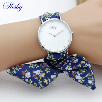 

shsby brand Lady flower cloth wristwatch rhinestone silver women dress watch high quality fabric watch sweet girl Bracelet watch