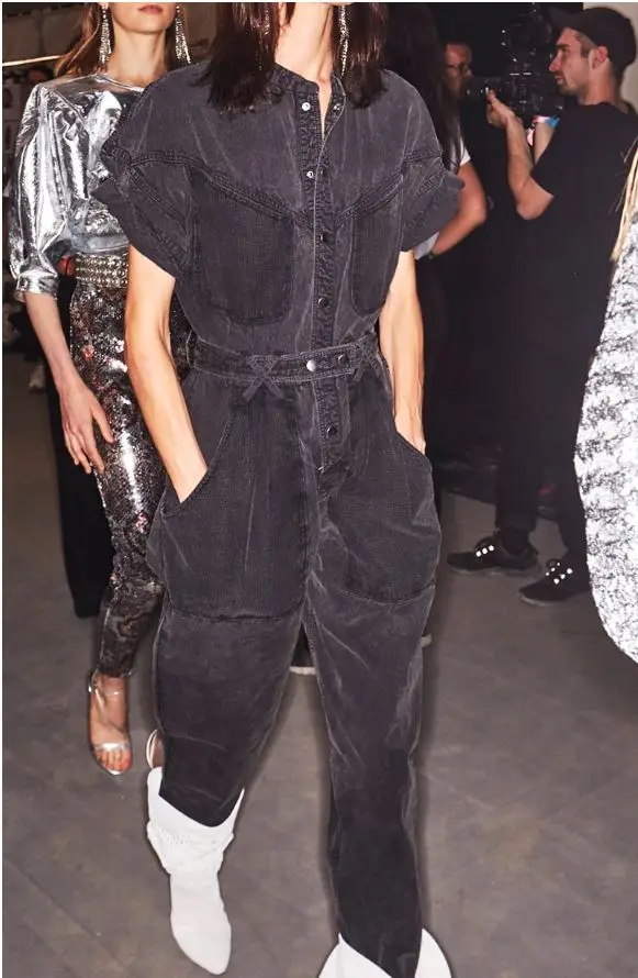 Женский подиумный джинсовый комбинезон с короткими рукавами, без воротника, с большими контрастными карманами