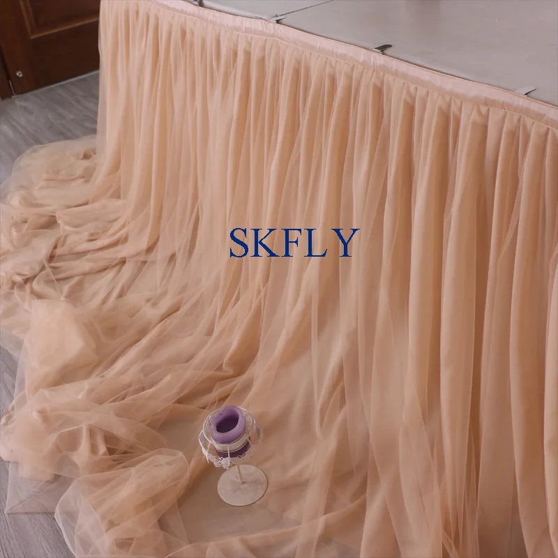 CL072E made long drape new wedding taffeta chiffon tulle ruffled champagne table skirt