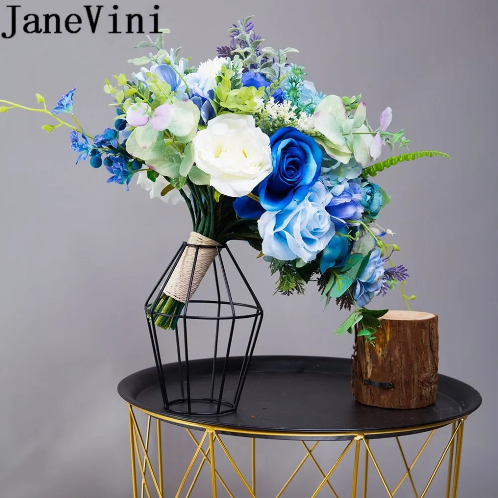 

JaneVini 2019 Royal Blue Bride Bouquet Artificial Rose Wedding Flowers Bridal Bouquets Bridesmaid Photography Brooch Flores Boda