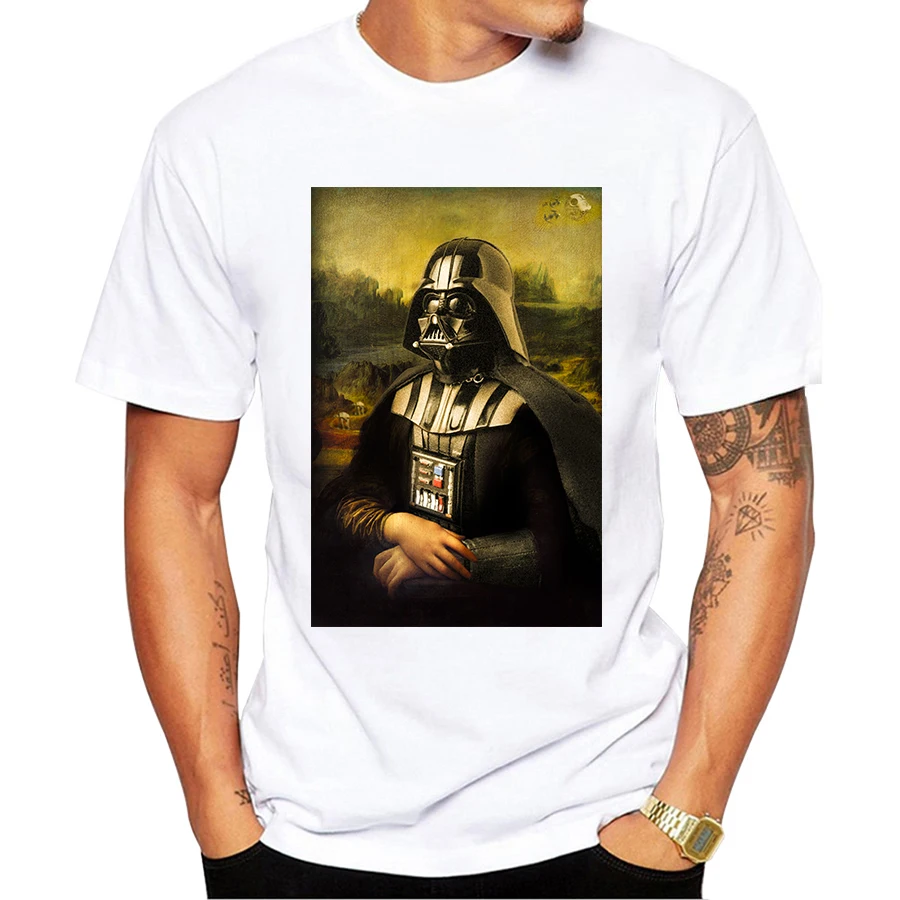 cheap Men Fashion Funny Darth Vader Mona Lisa Printed T Shirt Short Sleeve Tops Popular Customized T Shirt Novelty Harajuku Streetwear
