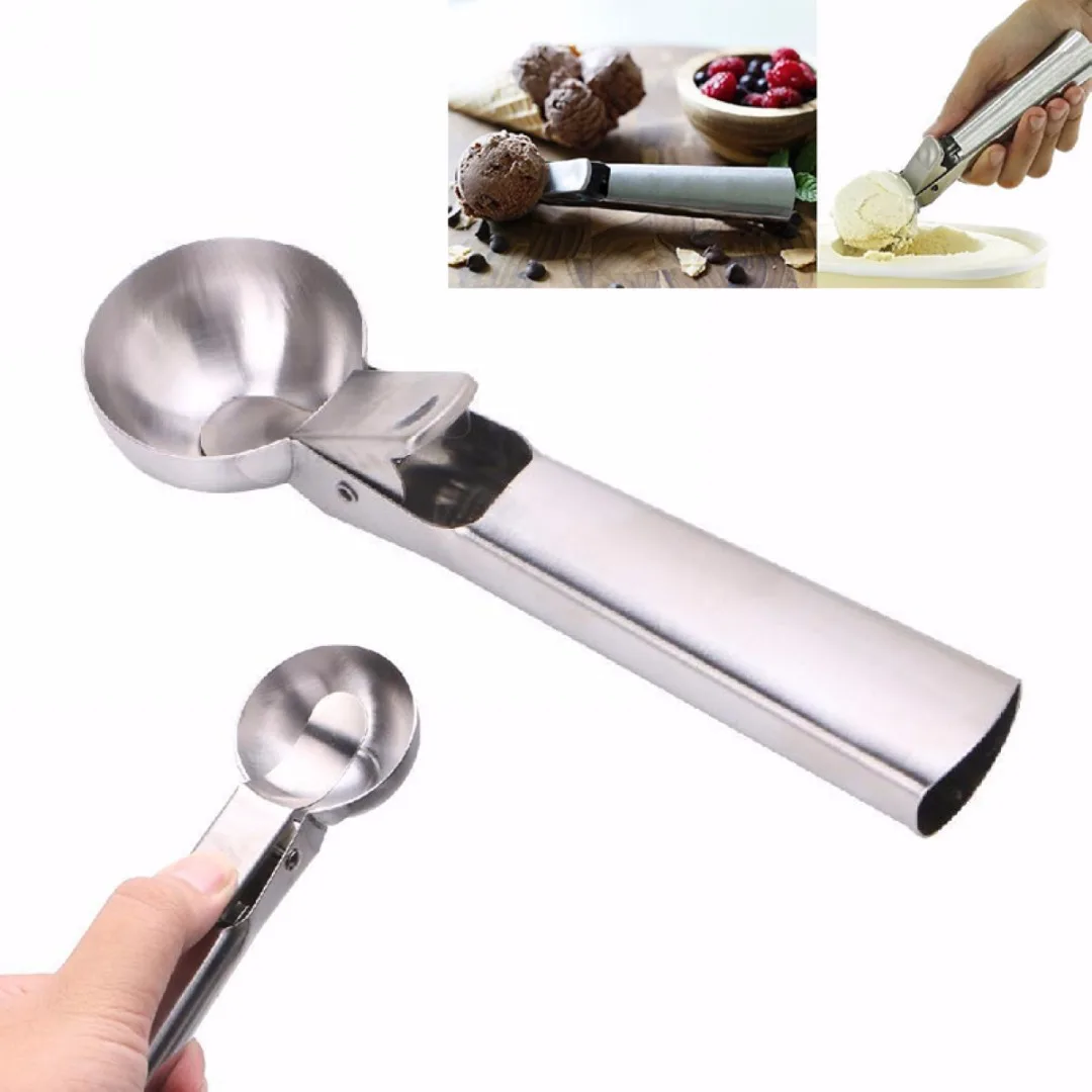 1PC Ice Cream Scoop with Trigger Fruit Spoon Dipper Kitchen Tool Stainless Steel New