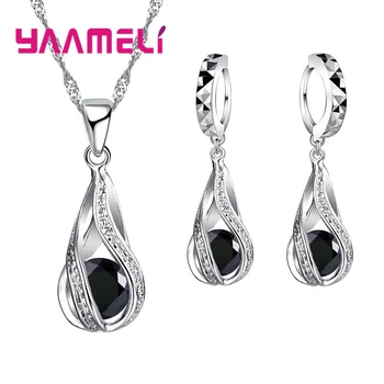 

Sparkling Water Drop CZ Crystal Necklace Earring Set 925 Sterling Silver Engagement Wedding Jewelry Set For Valentines Day Gift