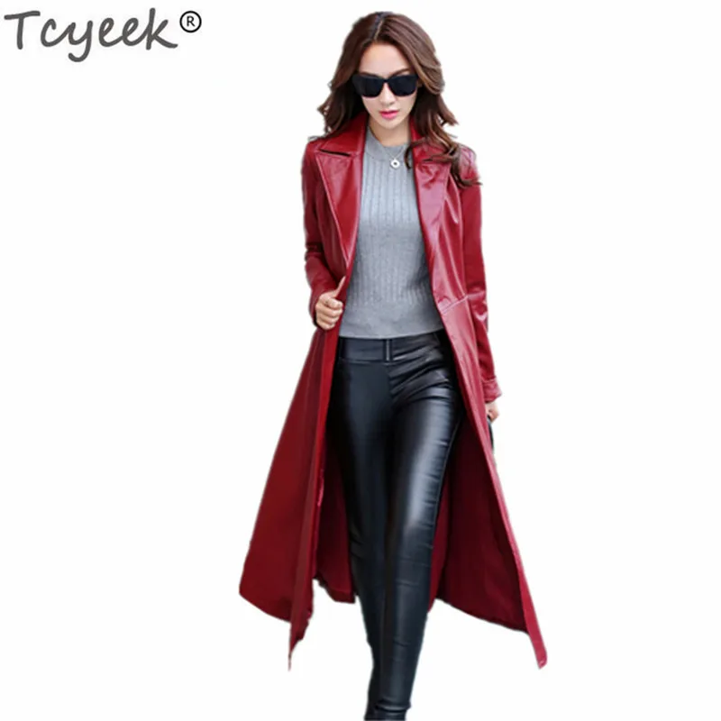 

Tcyeek 2019 Fashion Large Sizes of Women's Clothing Spring Autumn Long PU Leather Windbreaker Jackets Female Elegant Coat LWL461