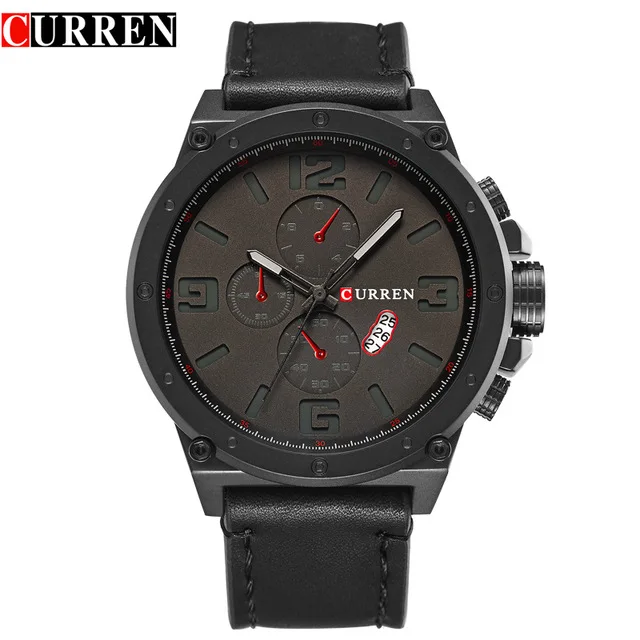 

CURREN brand top new fashion casual quartz wrist watch men large dial waterproof leather relojes black strap for leather 8230
