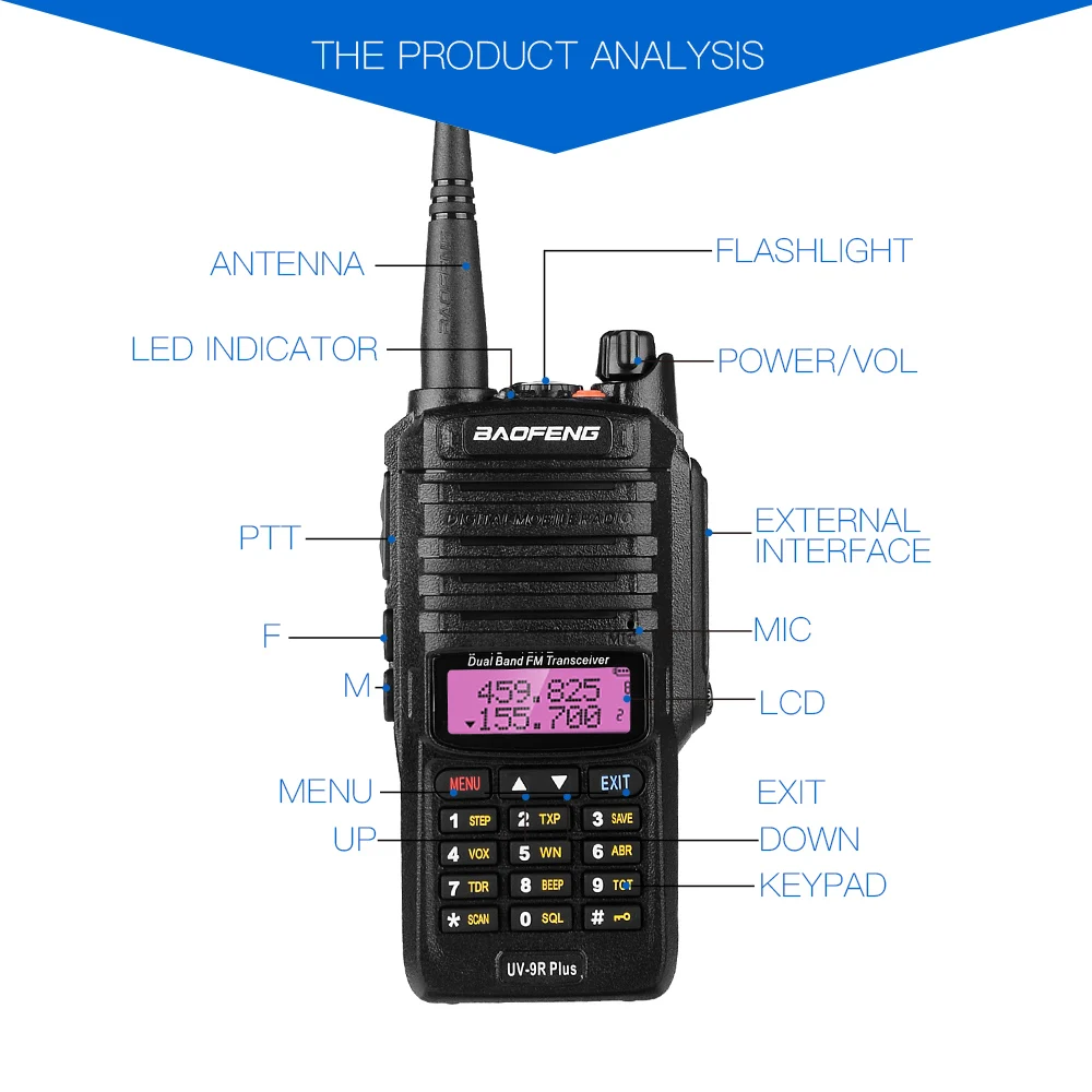 Baofeng UV-9RPLUS, водонепроницаемая рация, радиоприемник, двухдиапазонный, с 8 Вт, uhf, vhf, двухдиапазонный, двухстороннее радио, дальность действия, водонепроницаемая