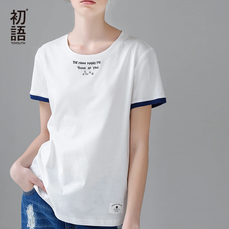 Toyouth Camisetas Mujer 2018 verano algodón Camisetas con paneles carta bordado Camisetas para las mujeres o-cuello de manga corta Camiseta