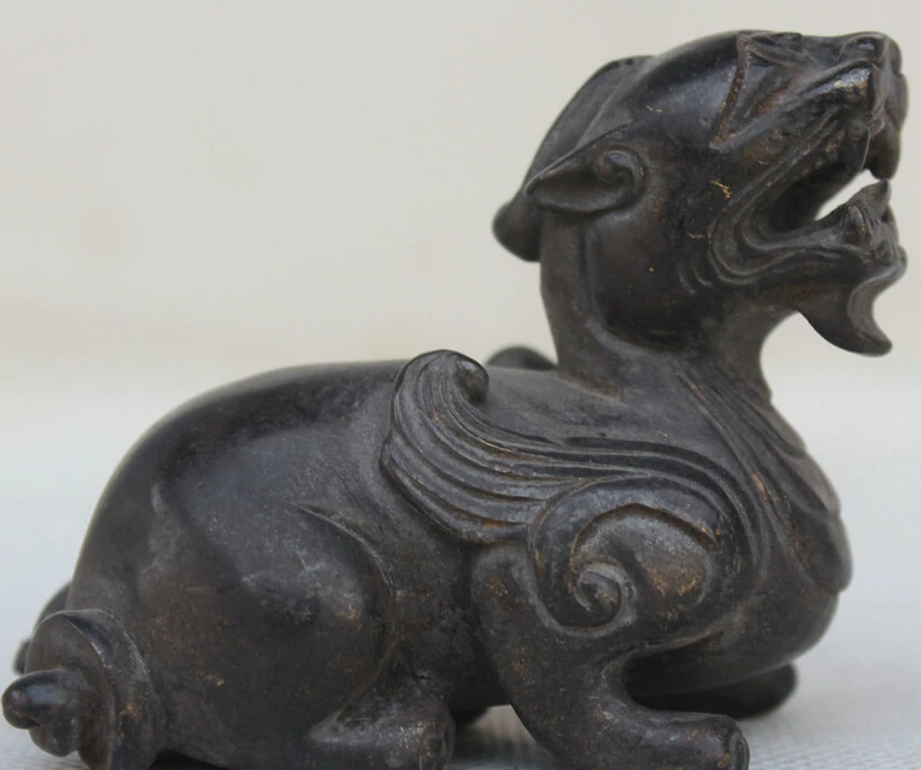 

Chinese Folk Pure Bronze FengShui PiXiu Unicorn Beast Evil Spirits Animal Statue S0706 B0403