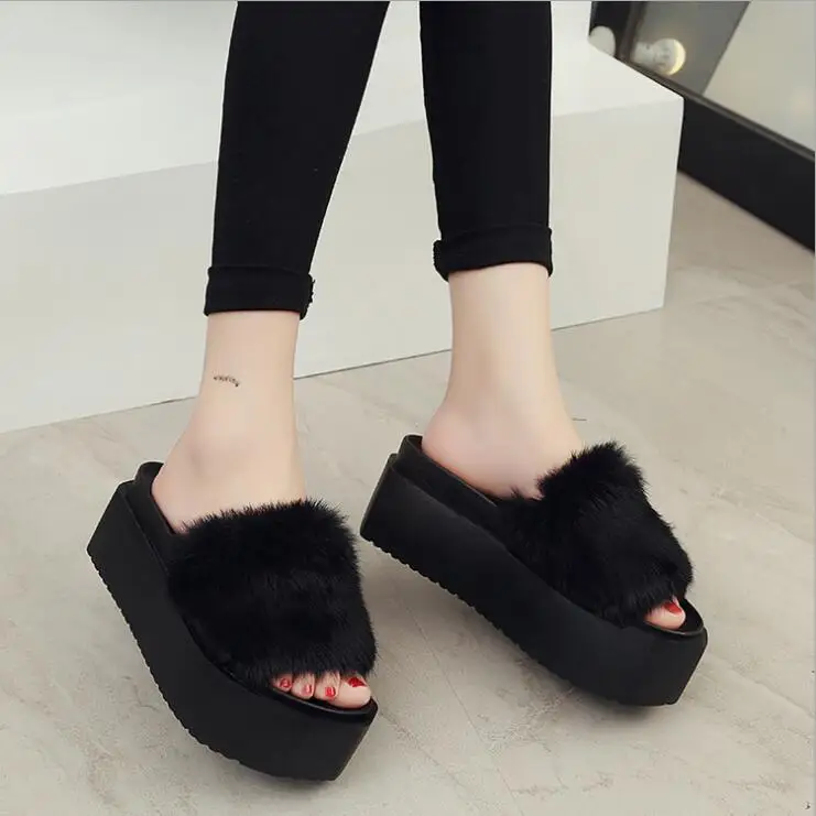 

Women Fur Slides Flip Flops Furry Slippers Soft Flat Heel Sandals Slipony Slip On Soft Fur Slippers Thick Bottom Platform Shoes