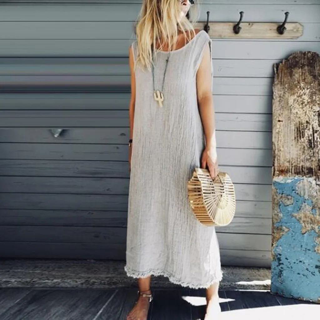 

Women Long Dress Summer Solid Ladies Sexy Sleeveless Bow Tie Soft Cotton Oversize Maxi Dress vestidos verano 2019 robe femme New