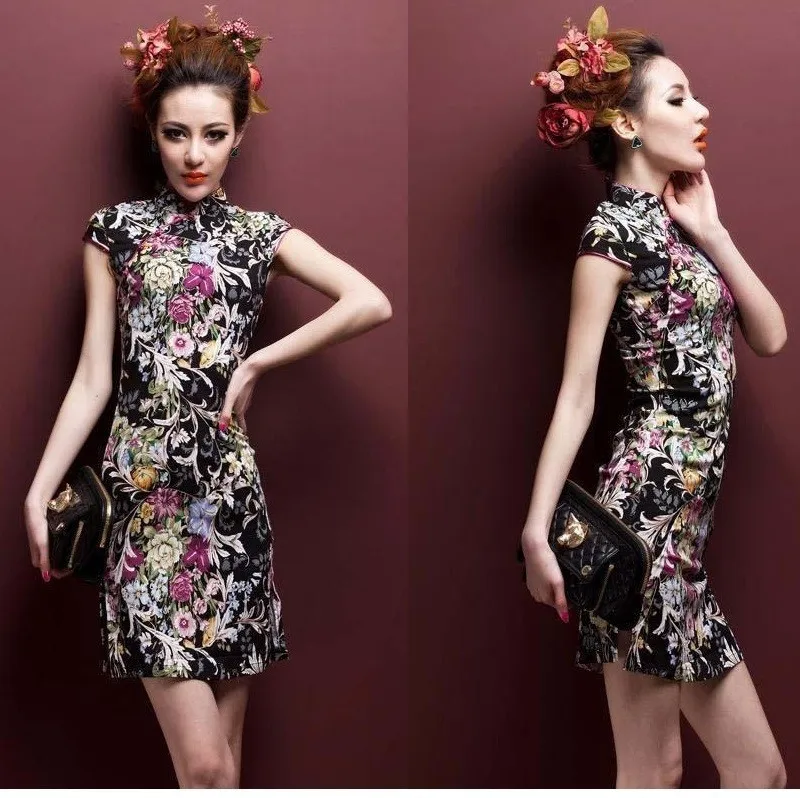 SHENG COCO растягивающиеся короткие платья высокого качества из льна и хлопка Cheongsam 4XL 5XL Печать Тонкий и светильник ChiPao китайский Шанхай