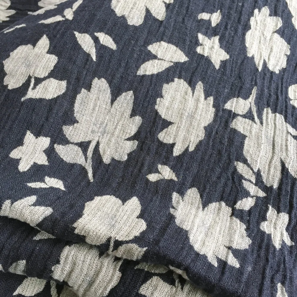

navy leaf printed Crinkle Linen Fabric 100% nature Linen