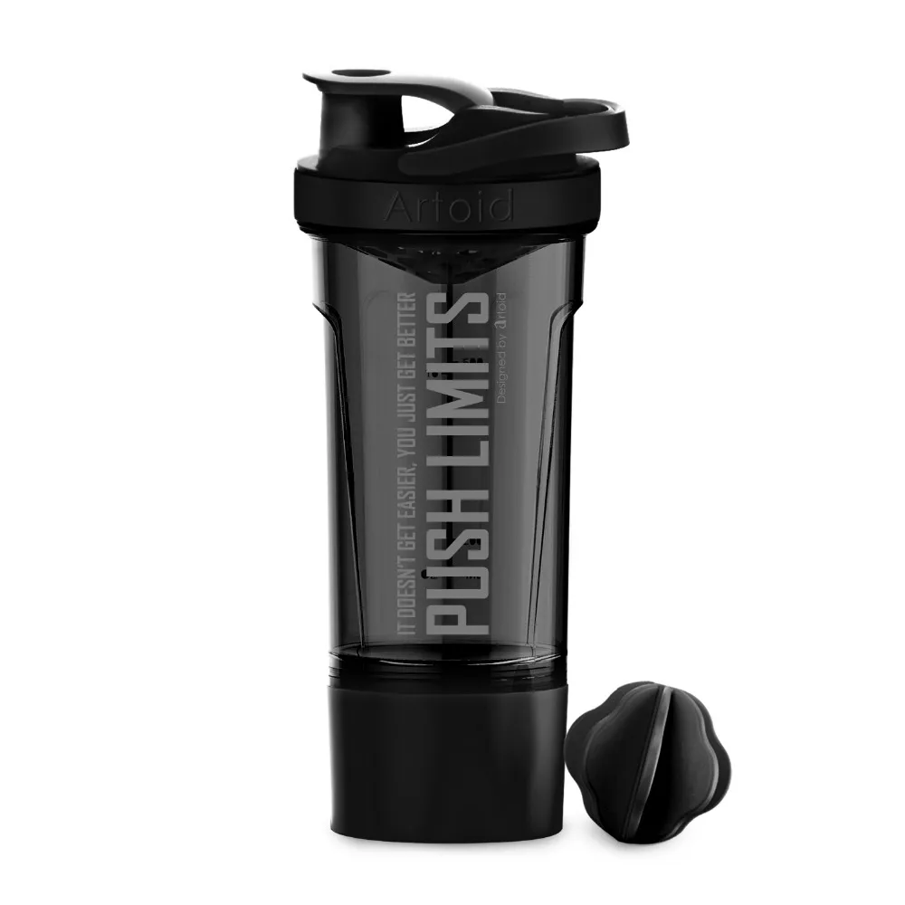 

720ml/25oz Motivational Fitness Workout Sports Protein Shaker Water Bottle Whisk and Mix Ball Storage Box Whey BPA Free