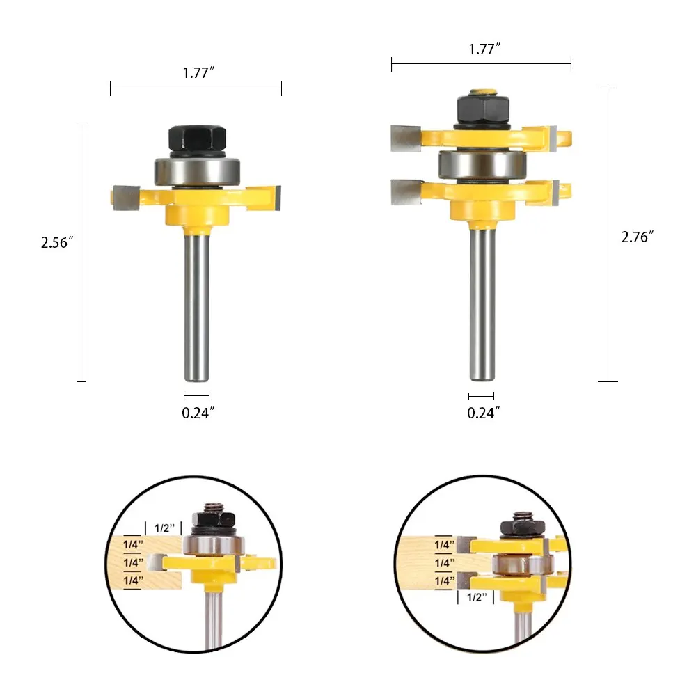 2 шт. 1/4 "хвостовик маршрутизатор бит Набор древесины фрезерный резак инструменты язык маршрутизатор бит + барабанный фрезерный станок +