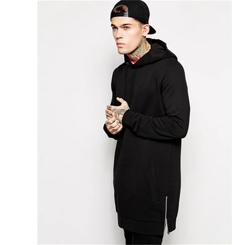 New Arrival Free Shipping Fashion Men's Long Black Hoodies Sweatshirts Feece With Side Zip Longline Hip Hop Streetwear Shirt