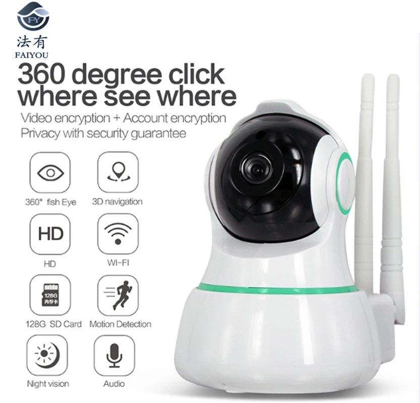 

FAIYOU WIFI Mini CCTV Camera IP P2P HD Video 1MP 720P Night Vision 10m Rotation 355 Degree and Vertical 70 Degree 3D Navigation