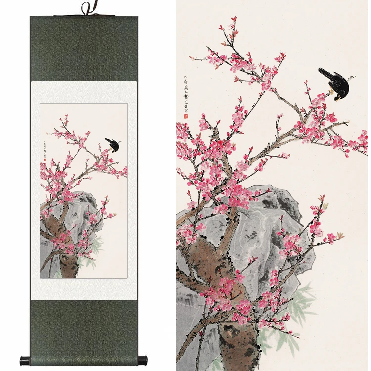 

Chinese Silk watercolor flower and birds Plum blossom starling ink art print canvas wall picture damask framed scroll painting