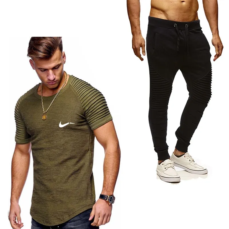 

2019 Summer New Men's Casual T Shirts+Brand pants Two Pieces Sets Tracksuit Male Casual Tshirt Gyms Fitness trousers men