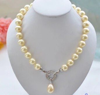 

FREE SHIPPING>@@> N1760 17" 14mm round golden SHELL PEARL NECKLACE Drip pendant