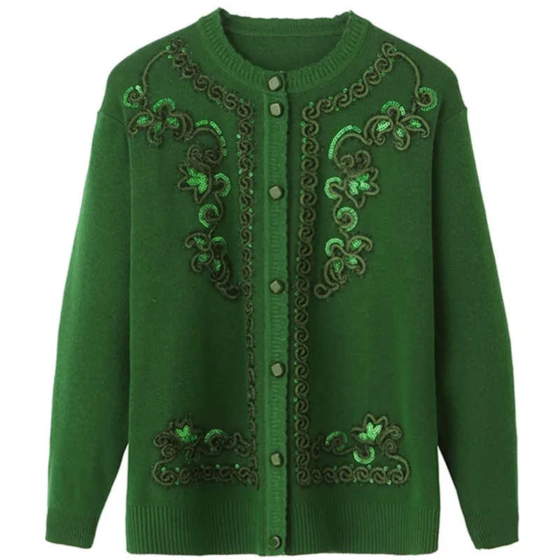 UHYTGF Spring Autumn Jacket Knitted Sweaters Women Shirts Coat Fashion Cardigan Plus size Knit Tops Loose Embroidery Sweater 46