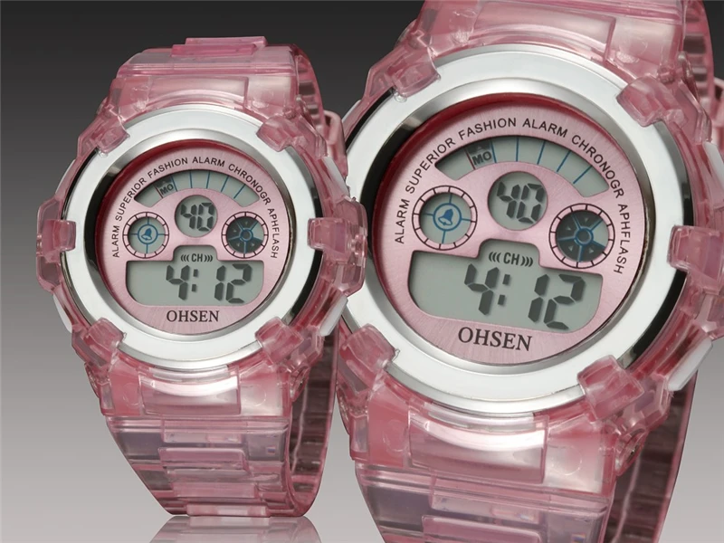 OHSEN многофункциональный детское цифровые часы мальчиков Девочка силиконовые спортивные электронные детские наручные часы светодиодный