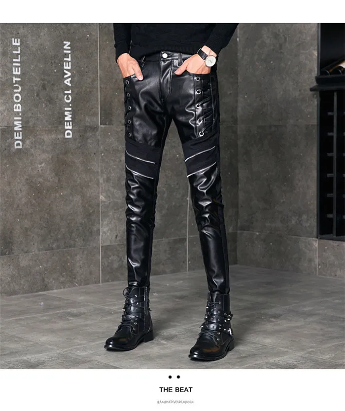 Модные мужские брюки из искусственной кожи тонкие Лоскутные Повседневные мужские брюки 28-36 мужские брюки из искусственной кожи высокое