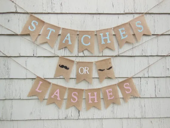 PERSONALIZE Staches or Lashes Gender Reveal burlap Banners birthday ...