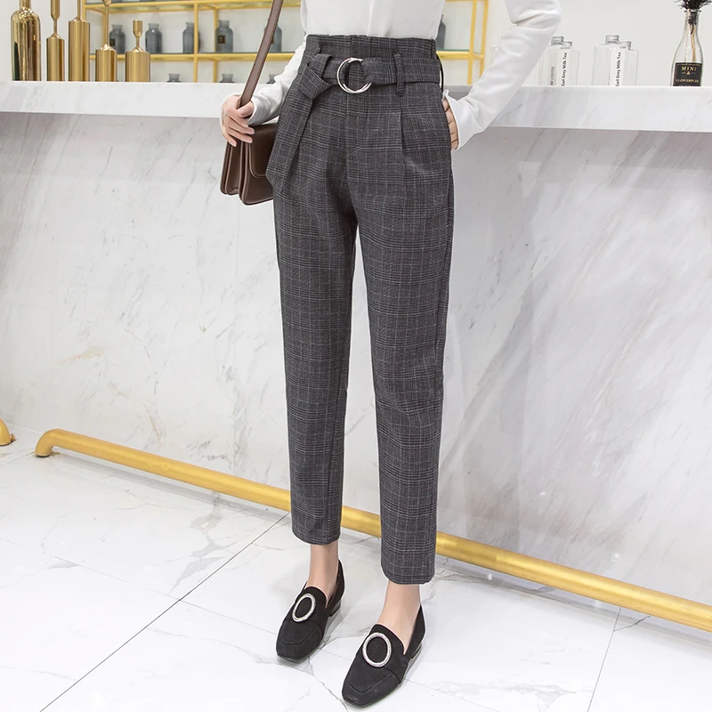 

2019 Autumn Winter Plaid Pants Women Streetwear High Waist Harem Pants with Belt Plus Size trousers pantalon femme