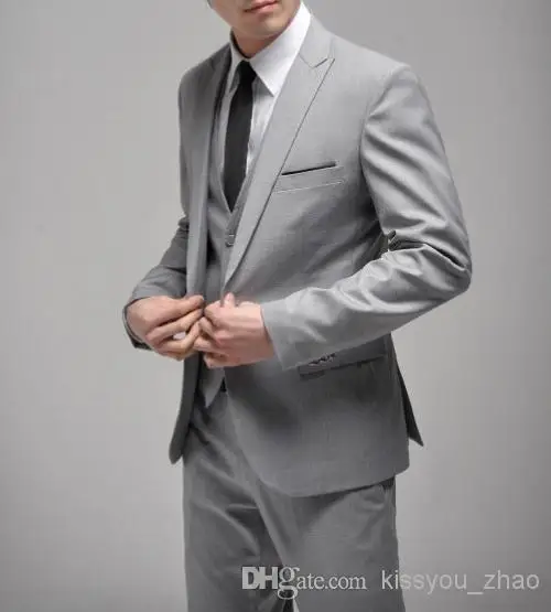 Custom Made Slim Fit One Button Light Grey Groom Tuxedos Side Slit Groomsmen Men Wedding Suits Bridegroom Jacket+Pants+Vest+Tie free ship