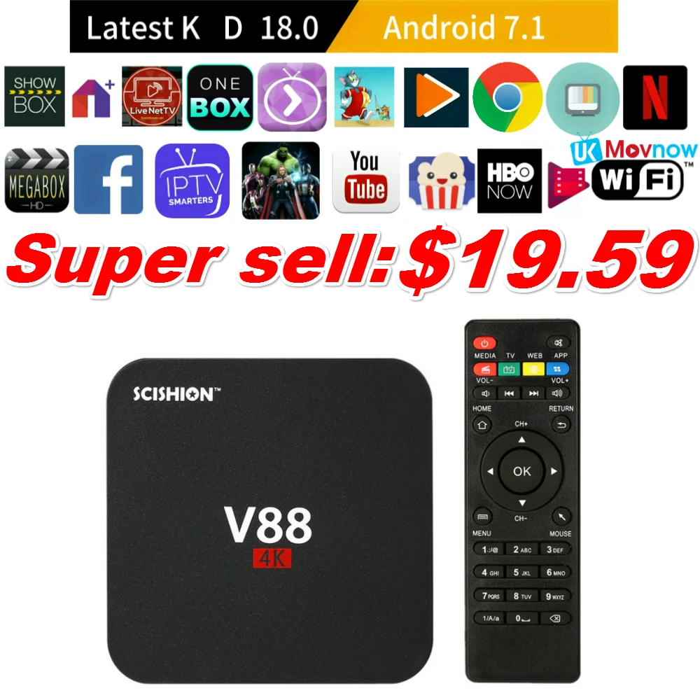 

SCISHION V88 Android TV Box IPTV Android 7.1 OS 1GB RAM 8GB RK3229 Quad Core 1080P WiFi HDMI Smart TV BOX Media Player