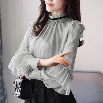 

Chiffon Ruffles Women's Shirt Patchwork Blusas Feminina Lantern Sleeve Camisas Mujer Chemise Femme Ladies Tops Women's Clothing
