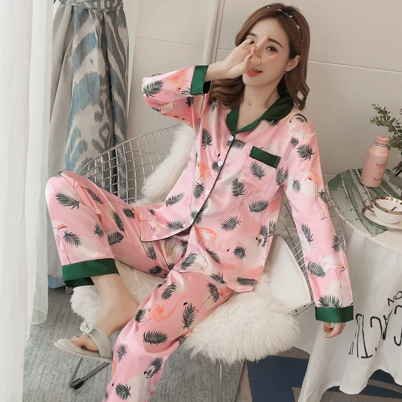 Женский Шелковый пижамный комплект, пижама с длинным рукавом, Пижама, Пижамный костюм, женский пижамный комплект из двух предметов, домашняя одежда, roupa de noite das mulheres