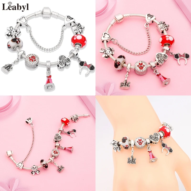 Милое платье принцессы с красной эмалью, браслет Minnie, серебряный замок, браслет из бисера, сделай сам, муранский кристалл, очаровательный браслет, браслеты для девочек