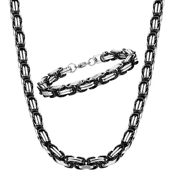Византийская цепочка, мужское ожерелье из нержавеющей стали, 4-8 мм, модное ожерелье, s браслет, набор, золотые ювелирные изделия, подарки, USENSET - Окраска металла: Black Silver Set